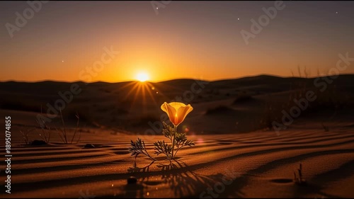 Desert flower blooming during sunset with warm sunlight and sand dunes