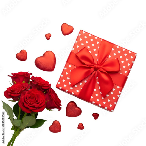 Elegant bouquet of red roses paired with a heart-patterned gift and scattered glitter hearts