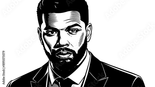 Very beautiful close-up portrait of a stylish African American man with a modern haircut and well-groomed beard, expressing confidence, masculinity, and contemporary fashion in a clean professional lo