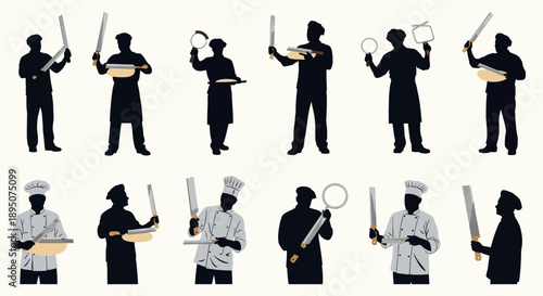 Chef Silhouettes with Cooking Utensils and Bowls Vector Set