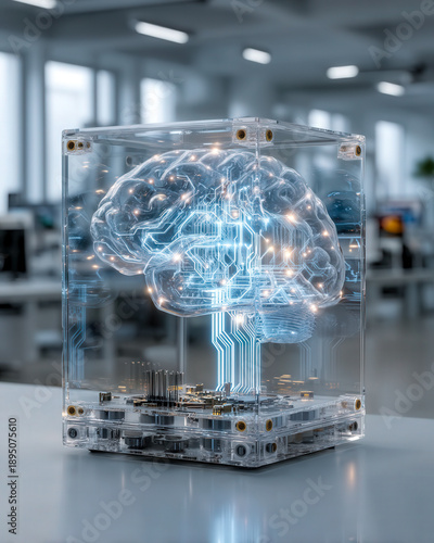 Transparent rigid geometric frame enclosing a glowing core symbolizing controlled artificial intelligence concept