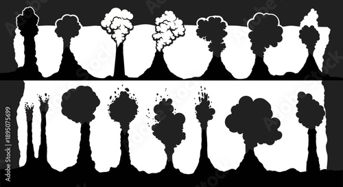 Black and White Stylized Volcanic Eruption Silhouettes Vector Set