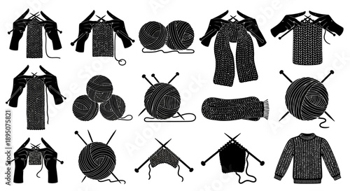 Knitting Process and Yarn Balls Black Vector Icons Set