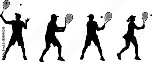 Black silhouettes set of professional tennis players men and women hitting ball with racket in various active sport action poses