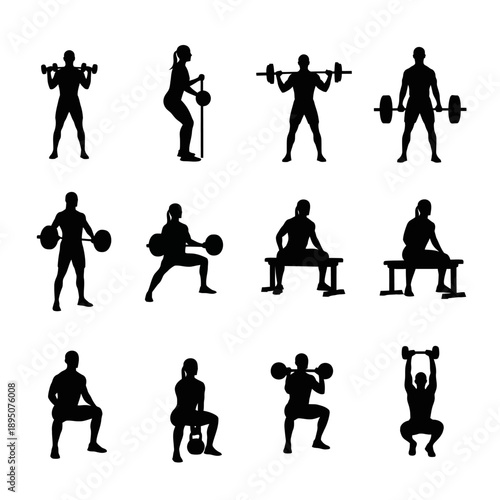 Black Silhouette Vector Set of People Weightlifting and Squatting