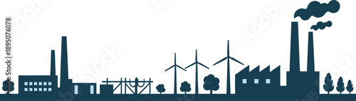 Industrial energy landscape silhouette featuring factories, transmission towers, trees symbolizing contrast between renewable energy and traditional power infrastructure in modern society