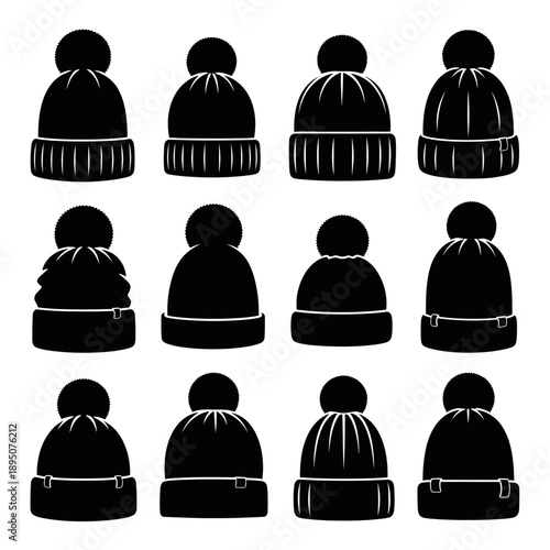 Black Winter Beanie Hat Silhouettes with Pom Poms Vector Set