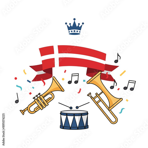 Danish flag banner with music band instruments and festive confetti