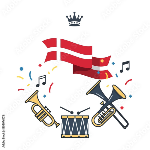 Danish flag with musical instruments and confetti for celebration