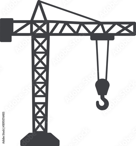 Silhouette of a tall tower crane with lattice mast, horizontal jib, and suspended hook, symbolizing construction safety, heavy lifting, industrial equipment, and modern building infrastructure