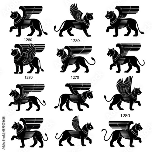 Black Winged Lion Heraldic Symbol Vector Set