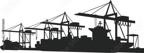 Silhouette of cargo ships and cranes at busy port terminal, symbolizing global trade, maritime logistics, shipping industry, supply chain infrastructure, and international commerce operations