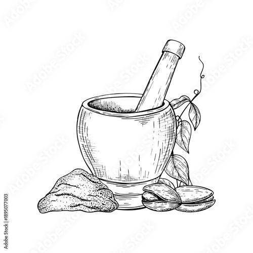 Wooden mortar, pestle and broken pistachios grains vector isolated illustration painted by black inks. Etching drawing of kitchenware, nuts, herbs. Grind in bowl for cook book, recipe decor