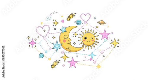 Cute cartoon sun and moon with stars and hearts