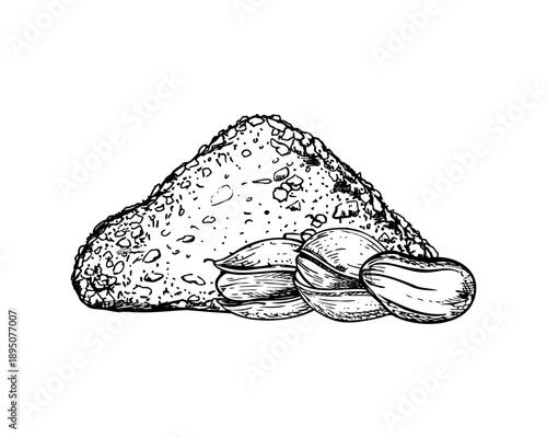 Monochrome pistachio in shells and heap of crushed nuts vector illustration painted by black inks. Etching drawing of broken roasted nut pile for culinary blogs, nutrition guides