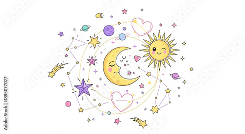 Whimsical sun and moon illustration with stars and planets