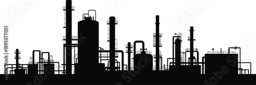 Silhouette of industrial refinery facility with distillation columns, piping systems, symbolizing energy production, chemical processing, infrastructure, and modern industrial engineering environments