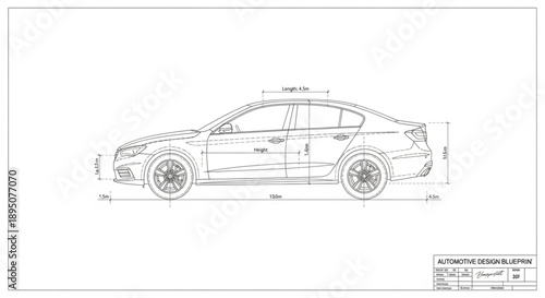Automotive design blueprint of a modern sedan car.