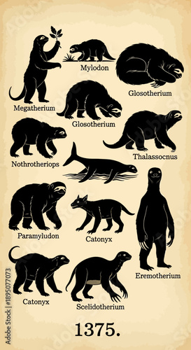 Vintage Black Silhouette Extinct Sloth Species Illustration
