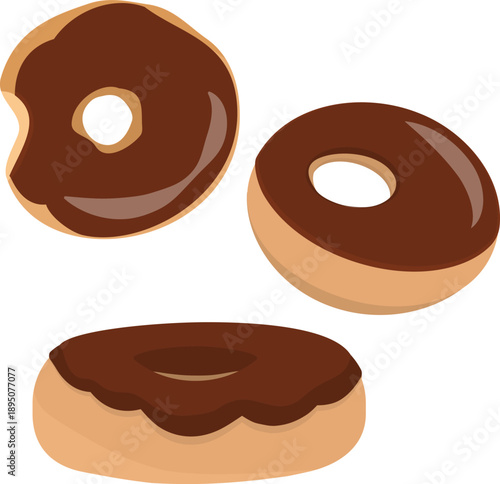 Set of three chocolate glazed donuts, one with a bite taken out. Flat vector clip arts, ideal for bakery branding, cafe menus, and sweet treat or breakfast designs.