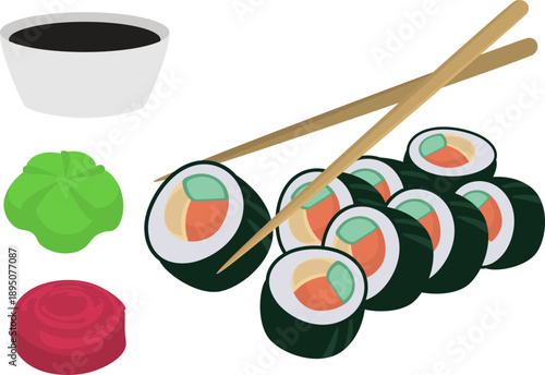 Minimalist flat vector illustration of a sushi platter featuring several maki rolls, wooden chopsticks, a small bowl of soy sauce, a dollop of wasabi, and pickled ginger.