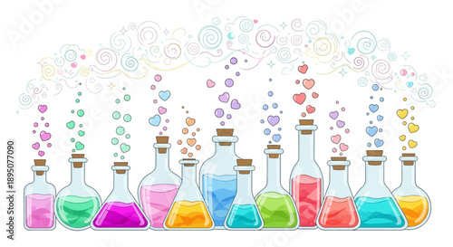 Vibrant colorful potion bottles with swirling hearts and sparks