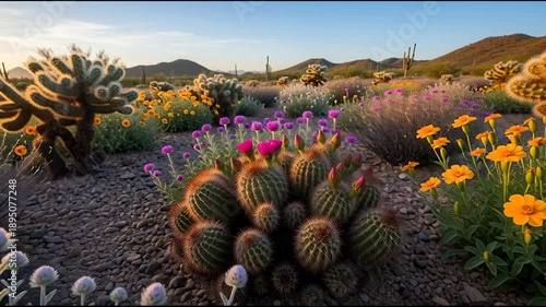 Desert landscape cacti and wildflowers under a clear blue sky