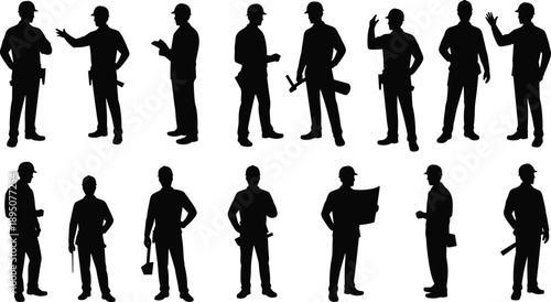 Silhouette of fourteen construction workers in diverse poses with tools, hard hats, and documents, symbolizing teamwork, safety, labor, industry, and occupational strength on building sites