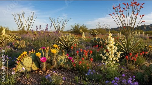 Desert landscape featuring various cacti and flowering plants under a clear blue sky