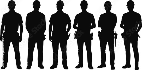 Silhouette of six construction workers wearing hard hats and tool belts, standing together in teamwork poses, symbolizing labor, safety, industry, and occupational strength