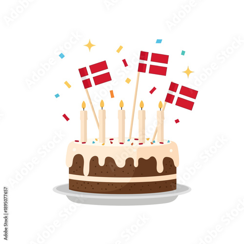 Danish flag cake with candles and confetti for festive celebration