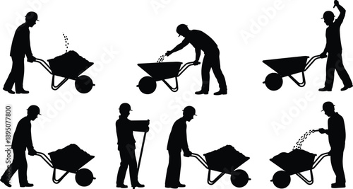 Silhouette of six construction workers with wheelbarrows performing various tasks, symbolizing manual labor, safety, industry, and occupational strength in building and construction environments