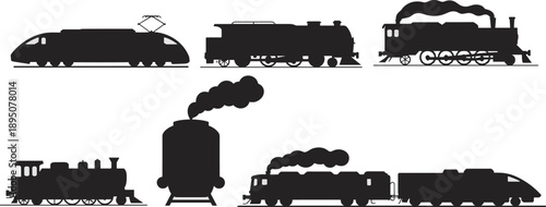 Silhouette of six different trains including steam locomotives, diesel engines, and modern electric rail, symbolizing transportation history, railway technology,  evolution of locomotive design