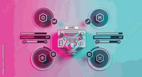 Modern Gamified User Interface Design with Experience Points and Level Progress Bars in Vibrant Duotone Colors, Abstract Digital Concept