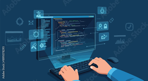 Hands typing code on a computer monitor, illustrating software development, programming, and digital technology. Concept of web development, data coding, and innovative tech solutions.