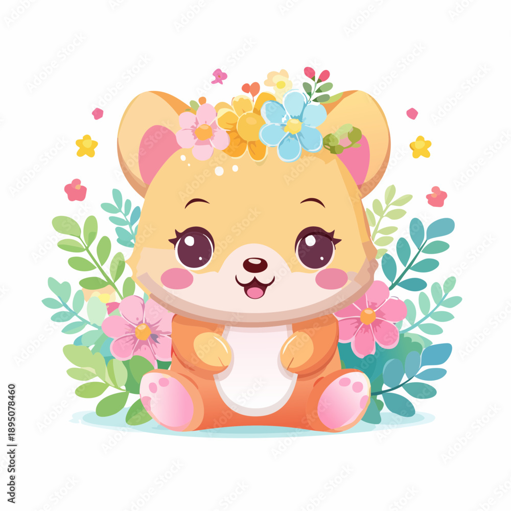 Fototapeta premium cute, chibi, animal, floral, sticker, isolated, flowers, pastel colors, decorative, kawaii, nature theme, adorable, character design, white background, vibrant colors, cartoon animal, spring theme