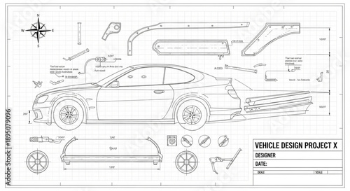 Automotive Design Blueprint Technical Drawing of a Sports Car.