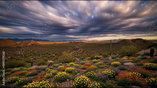 Desert landscape with blooming flowers under dramatic cloudy sky