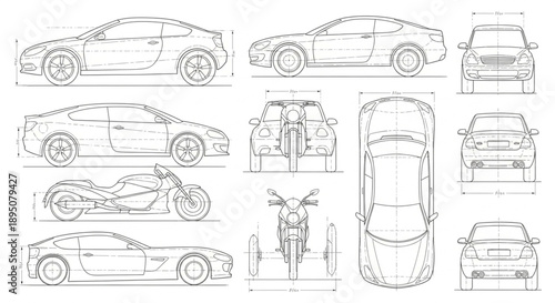 Automotive Design Blueprints and Technical Drawings.