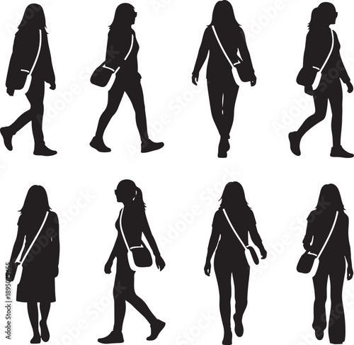 Set of Walking Woman Silhouettes with Crossbody Bags in Various Poses