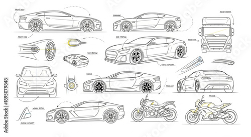 Automotive Design Sketches and Technical Drawings.