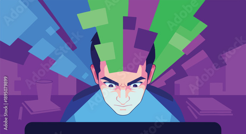 Man intensely focused on a digital screen, vibrant data and creative ideas bursting from his head, symbolizing information processing, innovation, and problem-solving.