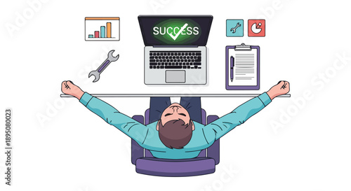 Top view of a person celebrating achievement, arms outstretched in triumph at a desk with a laptop displaying 'SUCCESS', surrounded by work tools.