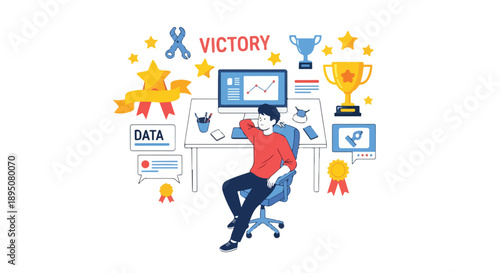 Man sitting at desk looking tired after achieving victory and success with data and charts, surrounded by trophies and stars.