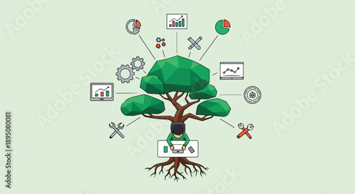 Business growth concept with a person working on a laptop at the base of a tree with business icons radiating outwards