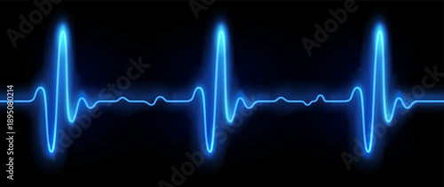 Vector illustration of realistic glowing pulse line representing heartbeat and heart rate. Luminous cardiogram waveform symbolizing medical monitoring and modern healthcare technology