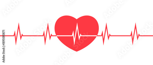 Simple flat heart with pulse line illustration representing heartbeat, heart rate and healthcare concept in minimal modern design
