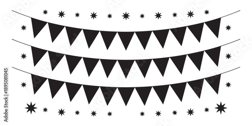 Bunting garland with black triangular flags and decorative stars silhouettes for party invitation background