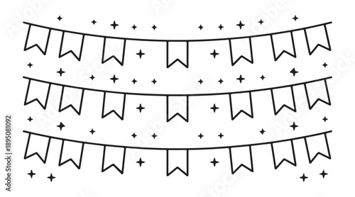 Multiple rows of decorative bunting flags and small stars for festive party decorations and celebration banners