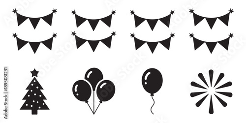 Minimalist party decoration icons with christmas tree balloons fireworks and triangular hanging bunting flags